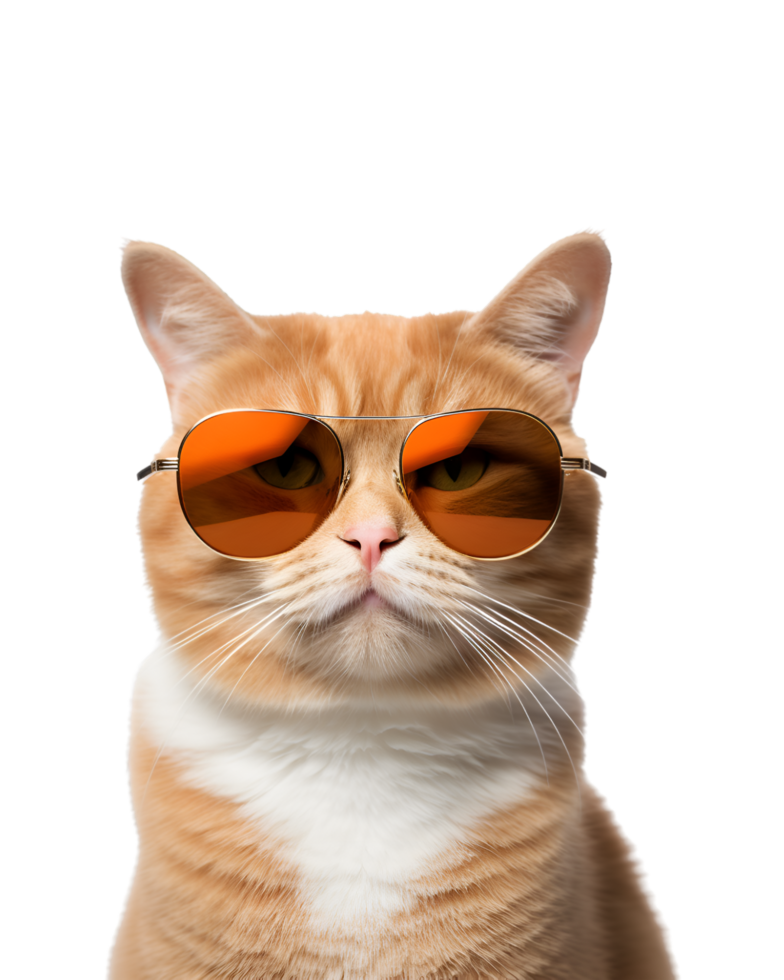 close-up photo of a cool cat posing wearing glasses and looking cool isolated on a transparent background png