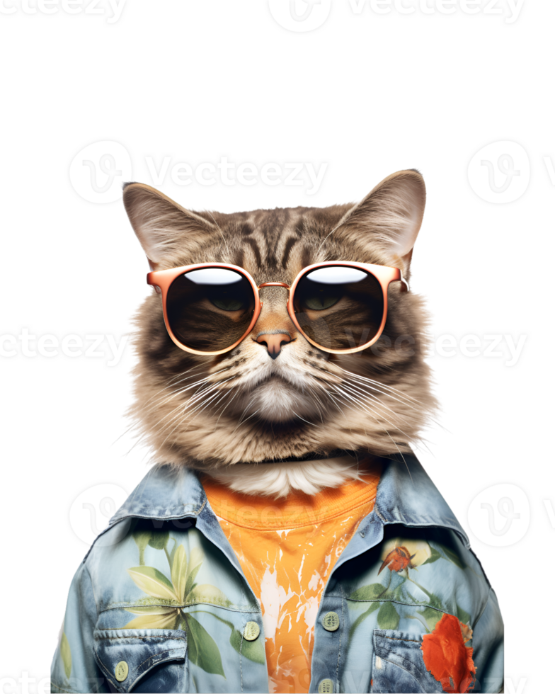 retrato do uma legal gato vestindo verão roupas e oculos de sol isolado em uma transparente fundo png