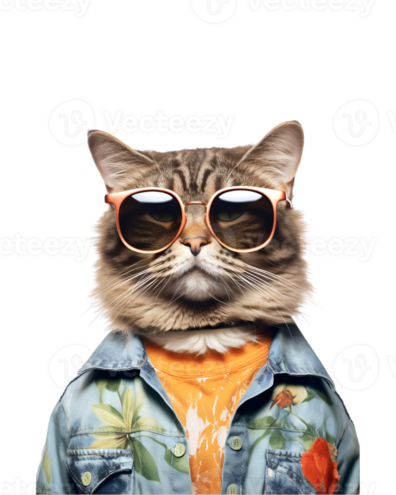 portrait of a cool cat wearing summer clothes and sunglasses isolated on a transparent background png