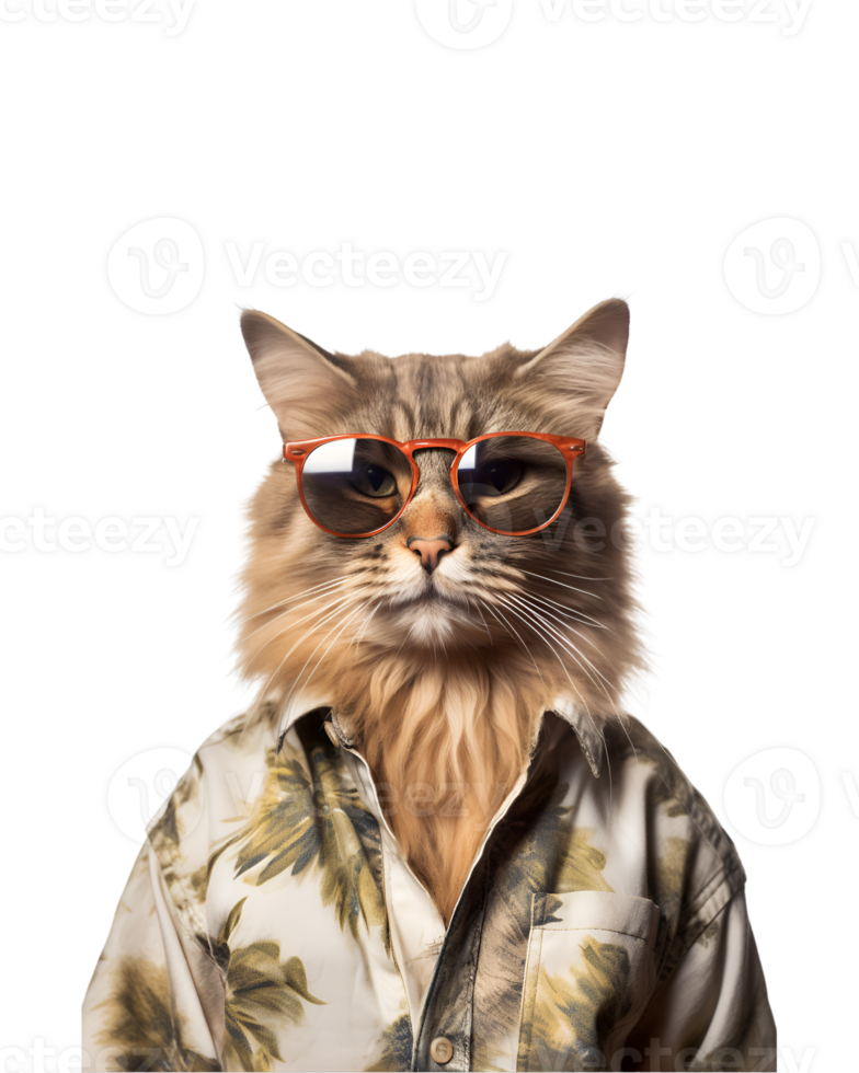 portrait of a cool cat wearing summer clothes and sunglasses isolated on a transparent background png