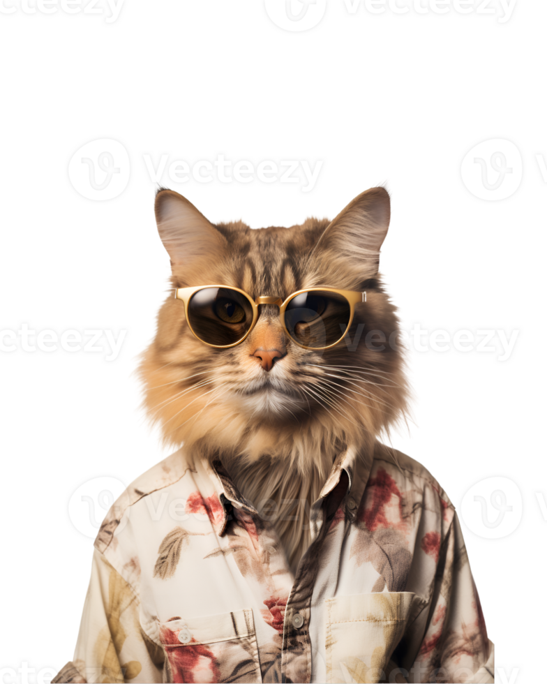 portrait of a cool cat wearing summer clothes and sunglasses isolated on a transparent background png