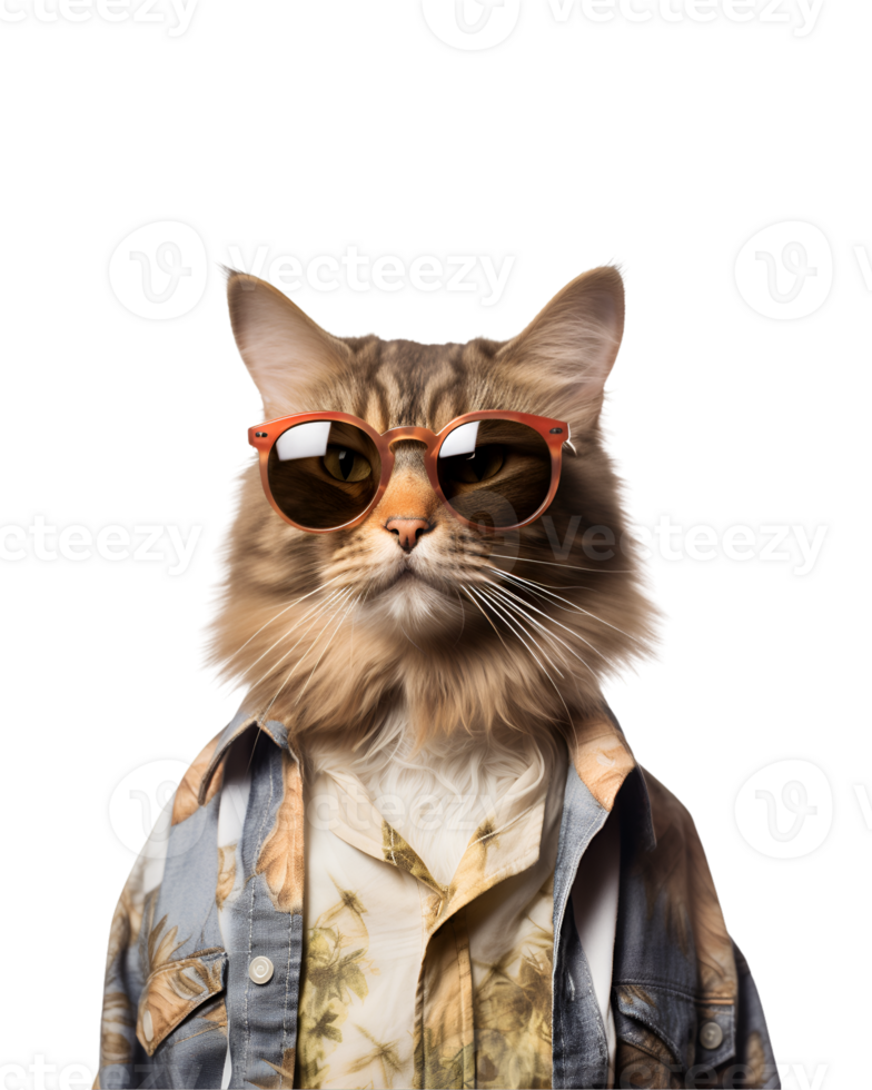 portrait of a cool cat wearing summer clothes and sunglasses isolated on a transparent background png