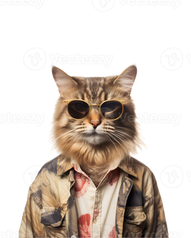 portrait of a cool cat wearing summer clothes and sunglasses isolated on a transparent background png