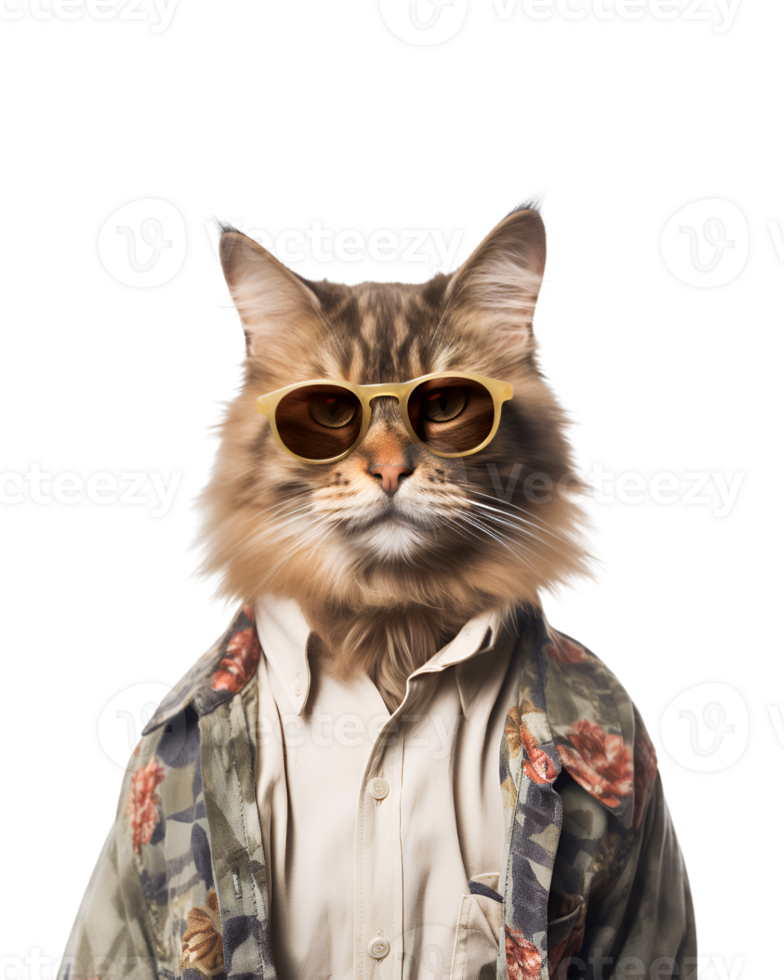 portrait of a cool cat wearing summer clothes and sunglasses isolated on a transparent background png