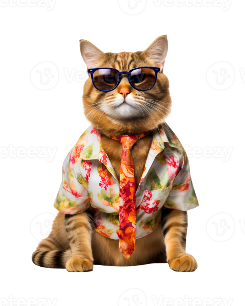 portrait of a cool cat wearing summer clothes and sunglasses isolated on a transparent background png