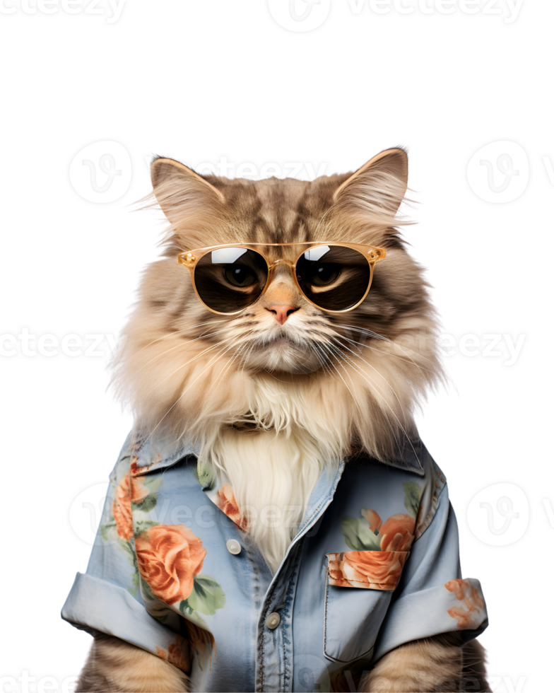 portrait of a cool cat wearing summer clothes and sunglasses isolated on a transparent background png