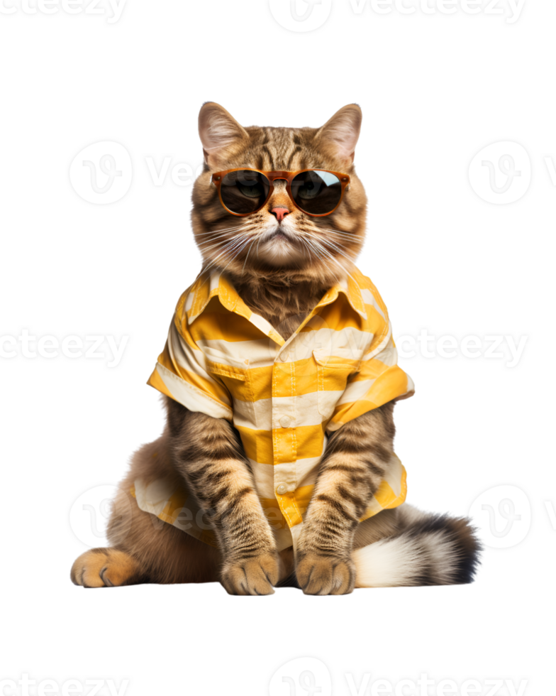 Cool cat sitting relaxing wearing summer clothes and sunglasses isolated on a transparent background png