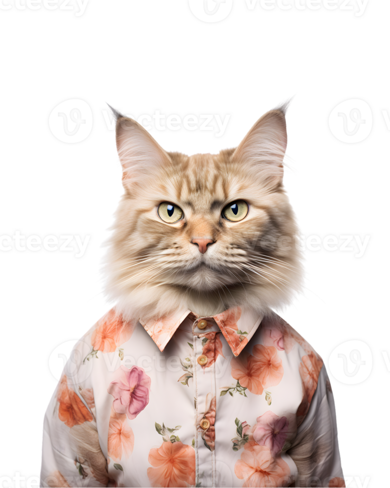 portrait of a cool cat wearing summer clothes and sunglasses isolated on a transparent background png