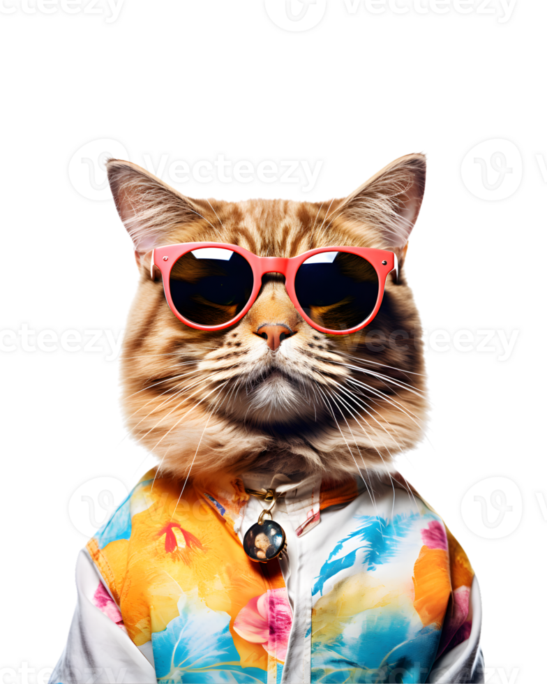 portrait of a cool cat wearing summer clothes and sunglasses isolated on a transparent background png