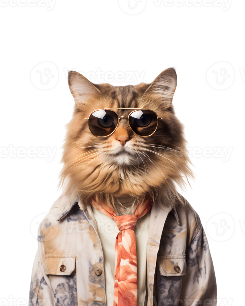 portrait of a cool cat wearing summer clothes and sunglasses isolated on a transparent background png