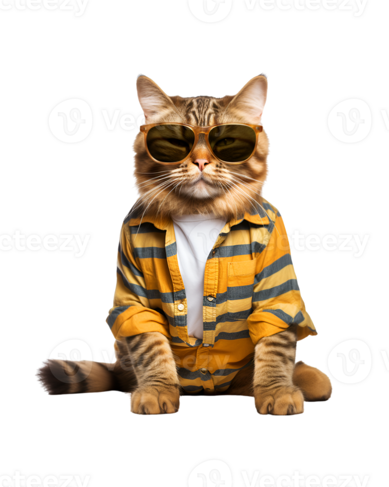 Cool cat sitting relaxing wearing summer clothes and sunglasses isolated on a transparent background png