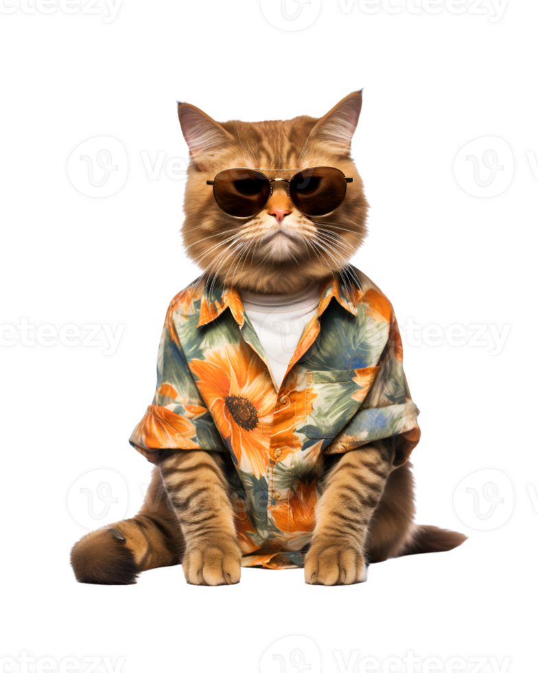 Cool cat sitting relaxing wearing summer clothes and sunglasses isolated on a transparent background png