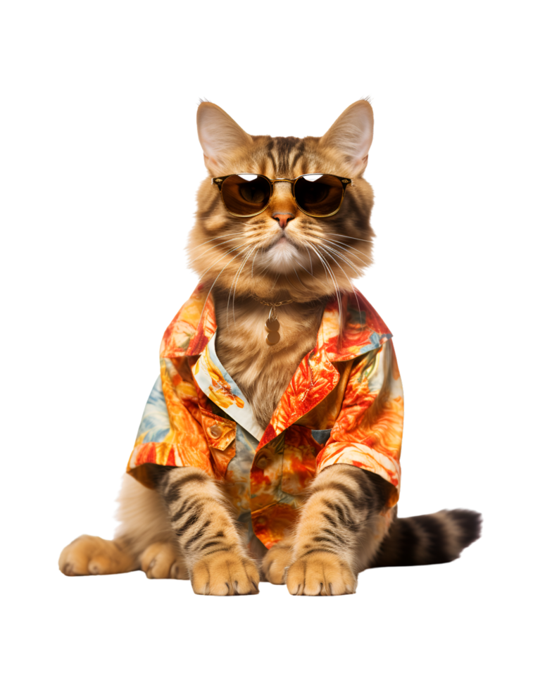 Cool cat sitting relaxing wearing summer clothes and sunglasses isolated on a transparent background png