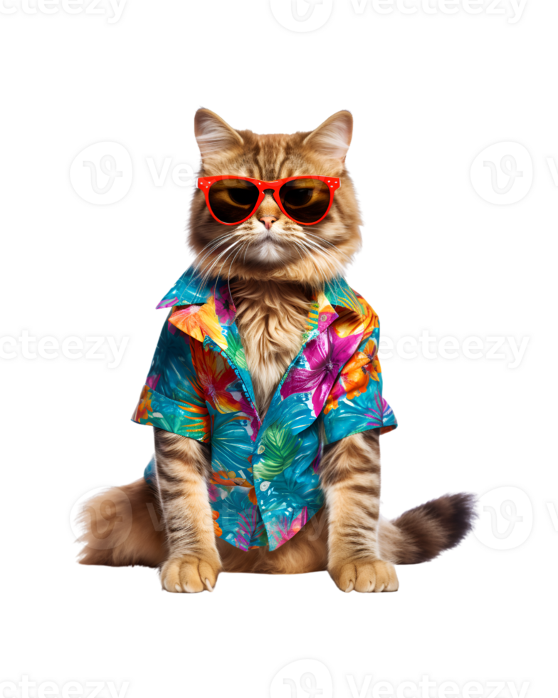 Cool cat sitting relaxing wearing summer clothes and sunglasses isolated on a transparent background png