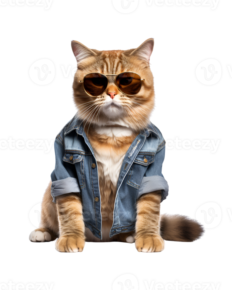 Cool cat sitting relaxing wearing summer clothes and sunglasses isolated on a transparent background png