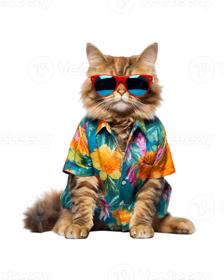 Cool cat sitting relaxing wearing summer clothes and sunglasses isolated on a transparent background png