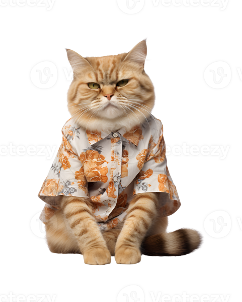 Cool cat sitting relaxing wearing summer clothes and sunglasses isolated on a transparent background png