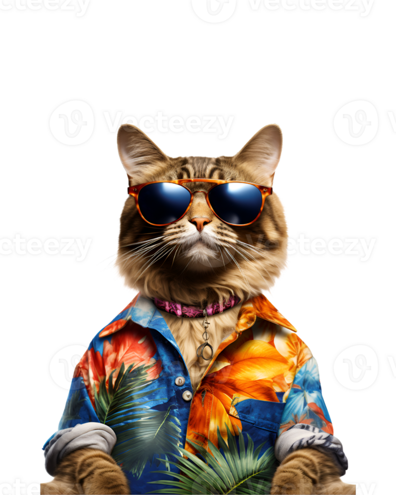 Cool cat sitting relaxing wearing summer clothes and sunglasses isolated on a transparent background png