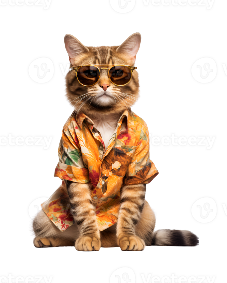 Cool cat sitting relaxing wearing summer clothes and sunglasses isolated on a transparent background png