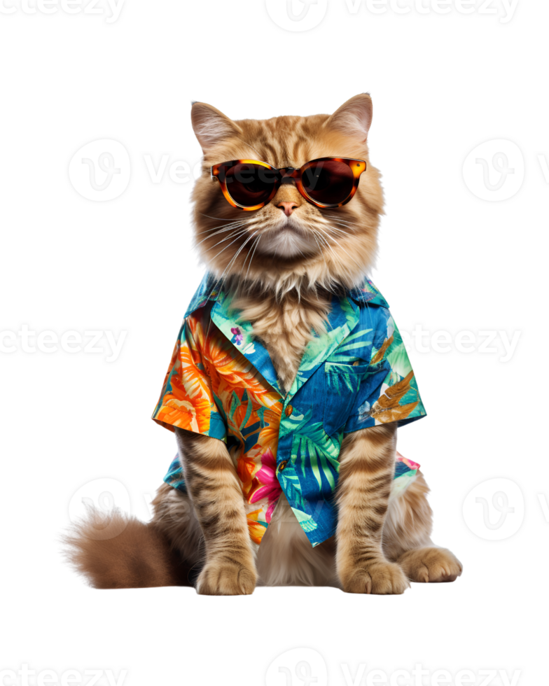 Cool cat sitting relaxing wearing summer clothes and sunglasses isolated on a transparent background png