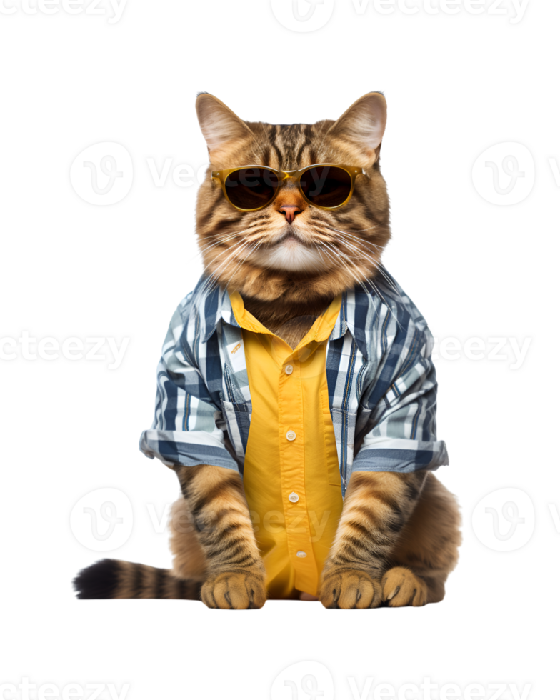 Cool cat sitting relaxing wearing summer clothes and sunglasses isolated on a transparent background png