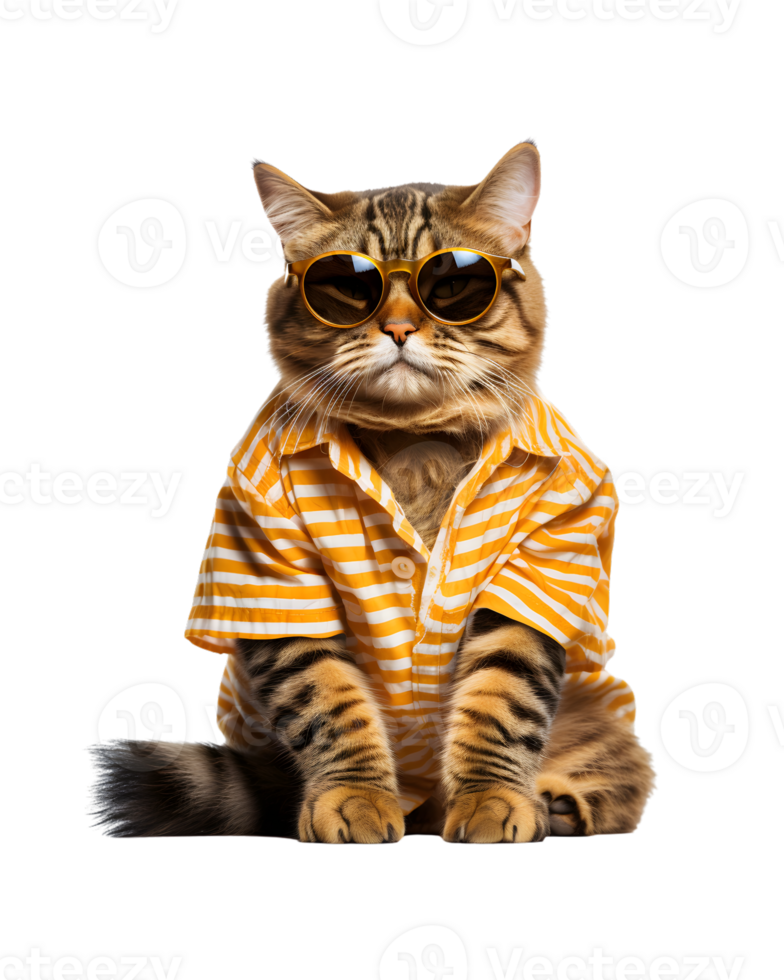 Cool cat sitting relaxing wearing summer clothes and sunglasses isolated on a transparent background png