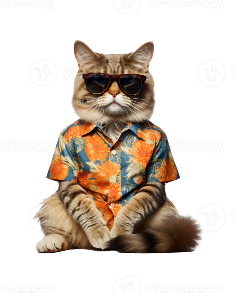 Cool cat sitting relaxing wearing summer clothes and sunglasses isolated on a transparent background png