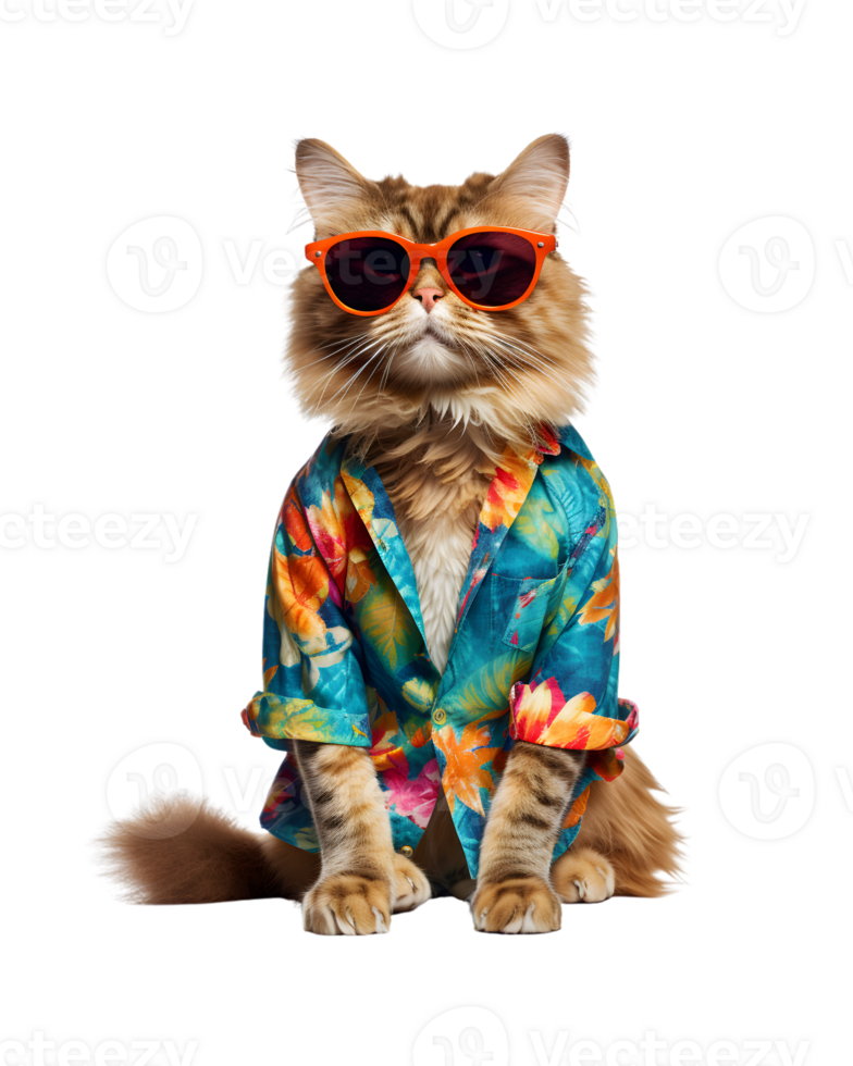 Cool cat sitting relaxing wearing summer clothes and sunglasses isolated on a transparent background png