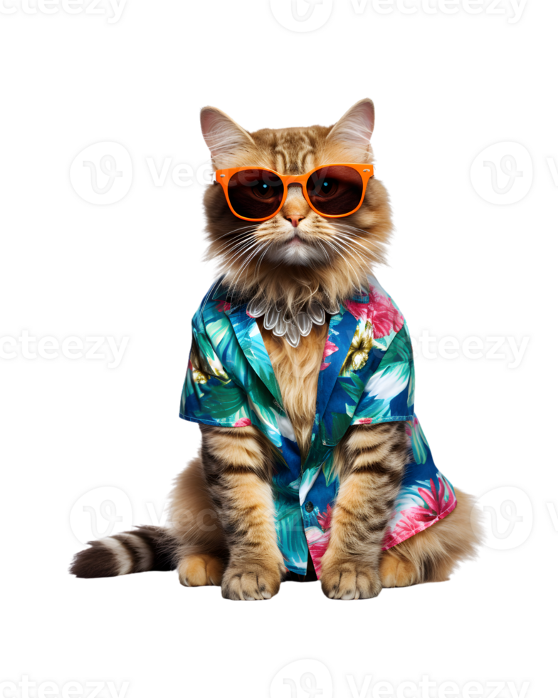 Cool cat sitting relaxing wearing summer clothes and sunglasses isolated on a transparent background png