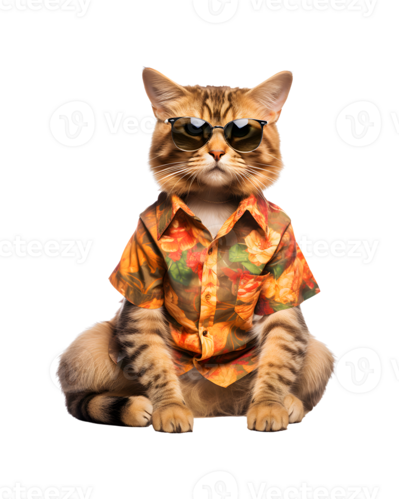 Cool cat sitting relaxing wearing summer clothes and sunglasses isolated on a transparent background png