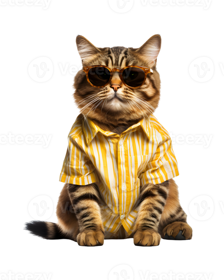 Cool cat sitting relaxing wearing summer clothes and sunglasses isolated on a transparent background png