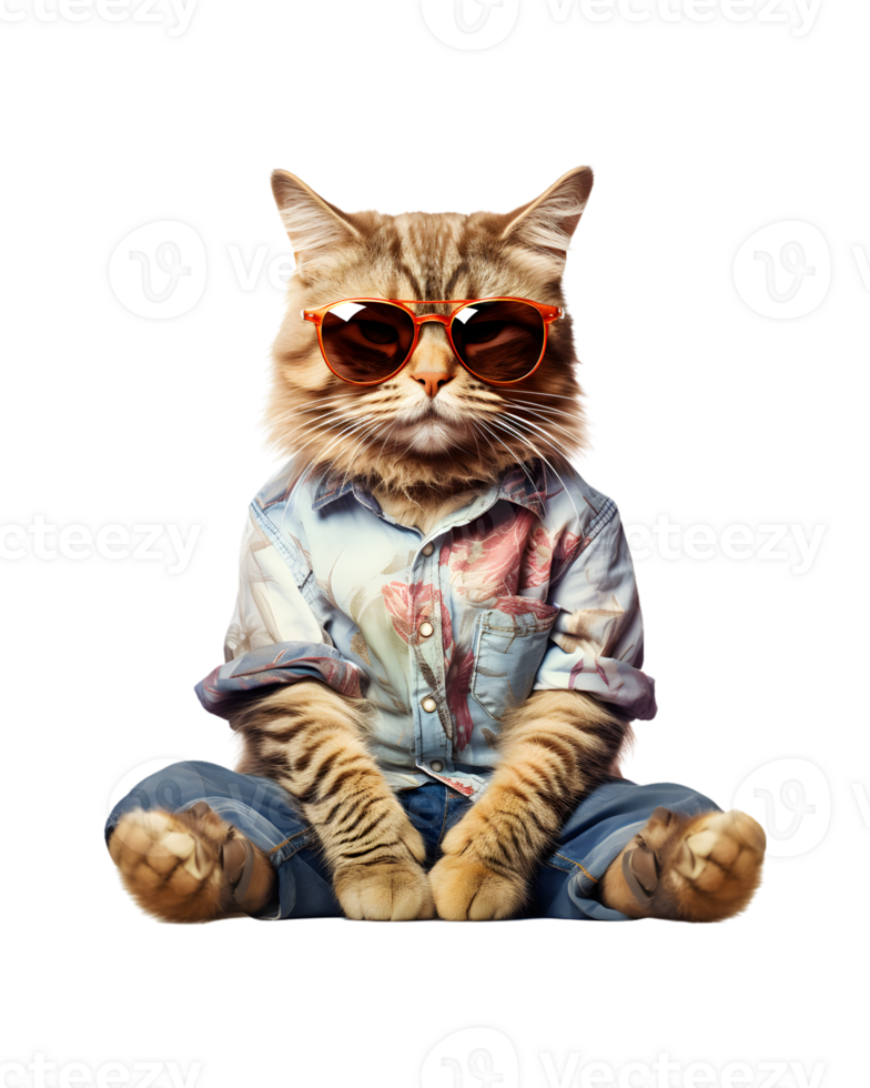 Cool cat sitting relaxing wearing summer clothes and sunglasses isolated on a transparent background png