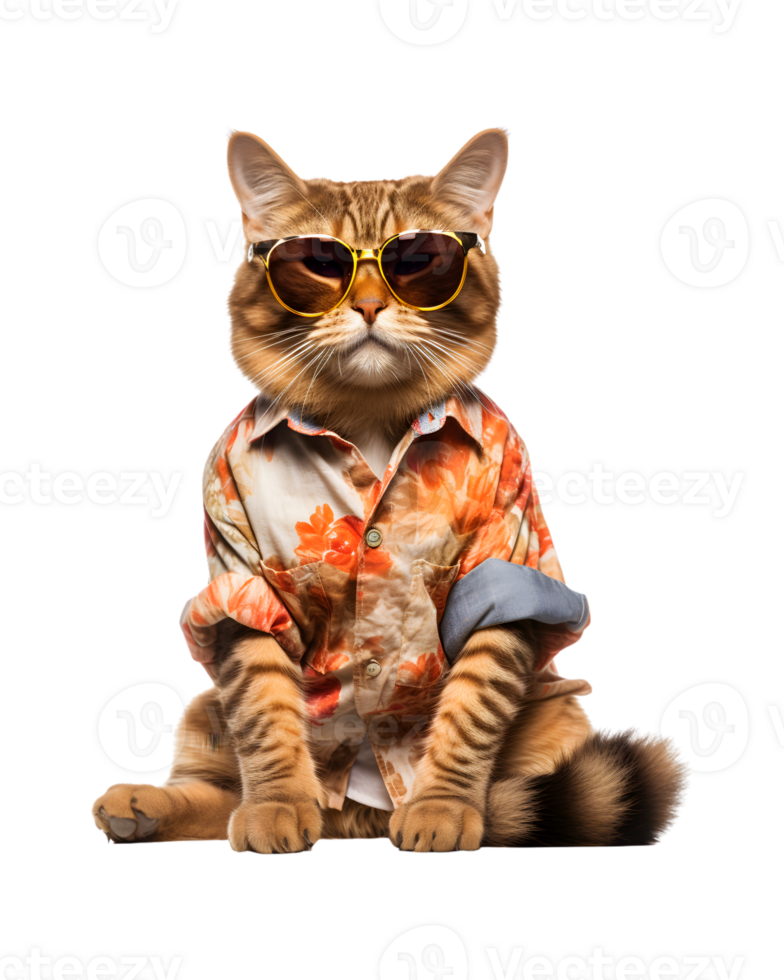 Cool cat sitting relaxing wearing summer clothes and sunglasses isolated on a transparent background png