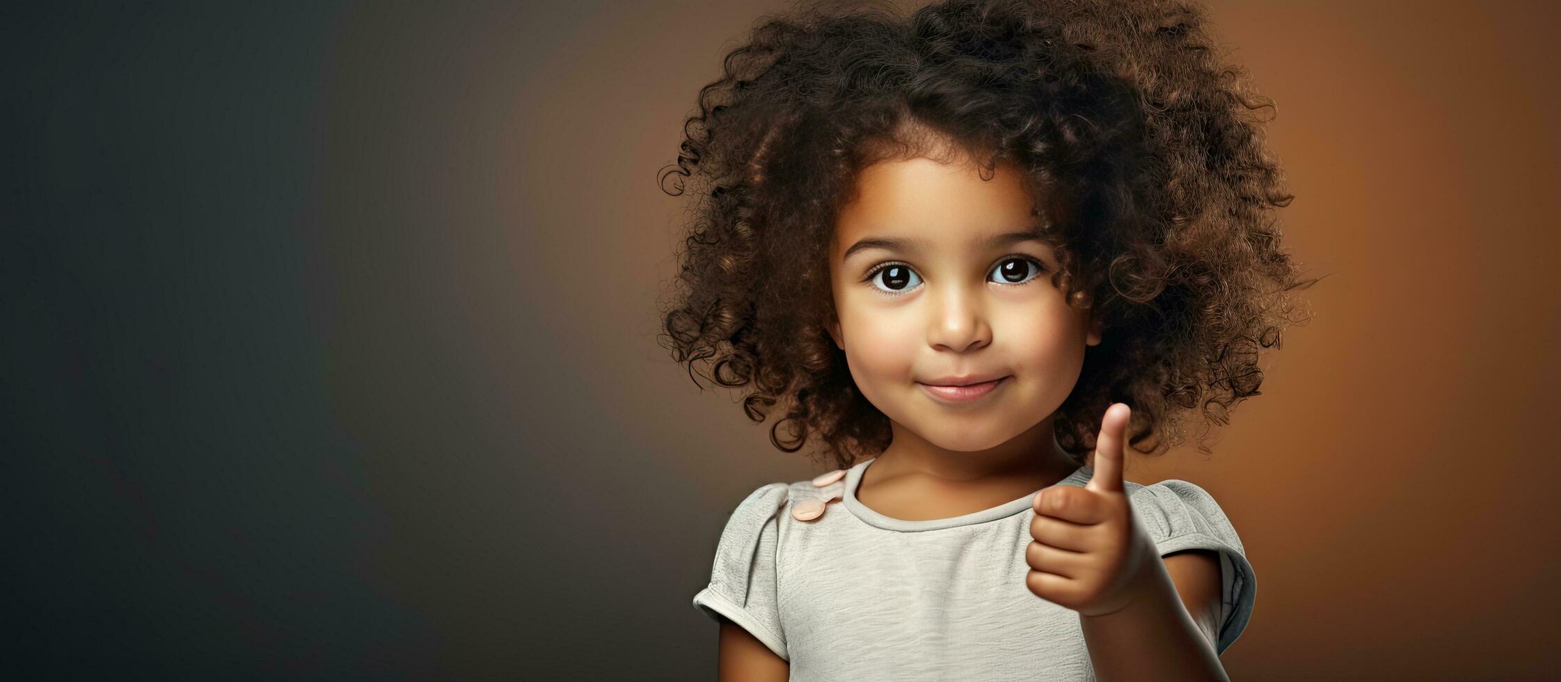 Curly haired girl points sideways with finger Empty area photo