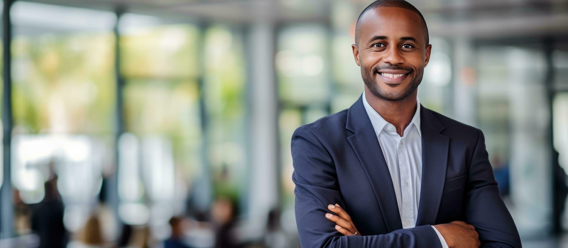 Happy African American CEO in a suit standing at modern office looking