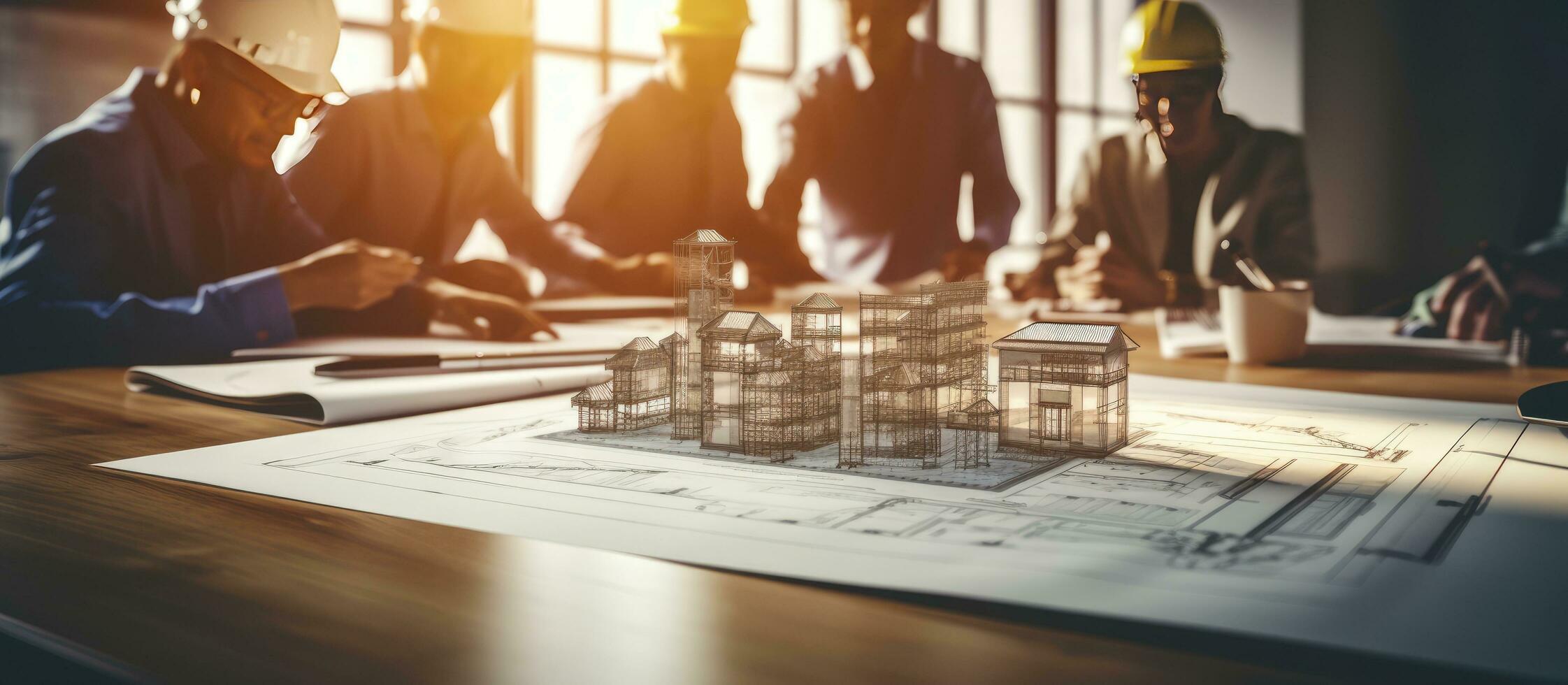 Asian Vietnamese woman team leader holds meeting with diverse engineering team at office table reviewing construction plans and architect equipment for photo