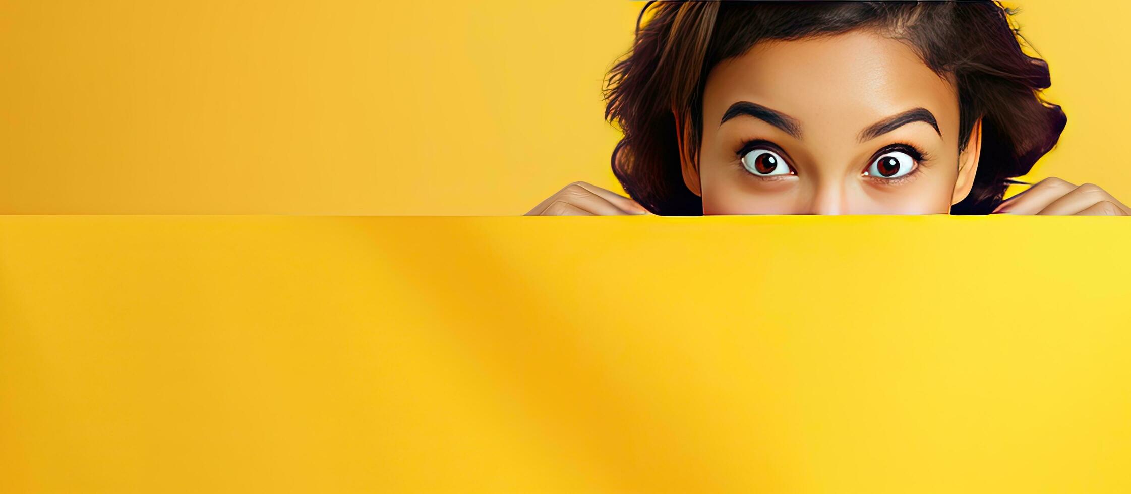 A joyous young woman glances out from behind a white banner against a yellow background with space for text photo