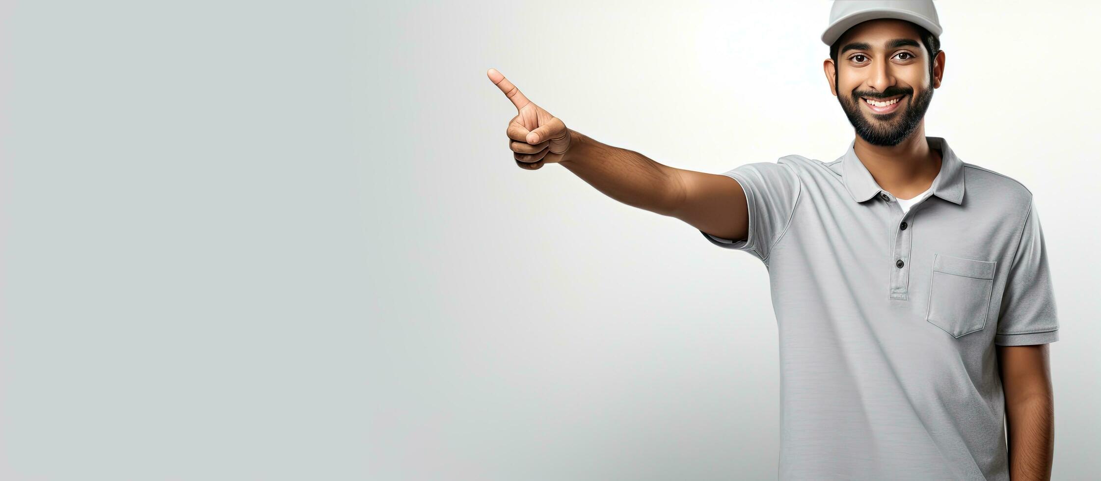 Young Indian man indicating a large white board with blank area photo