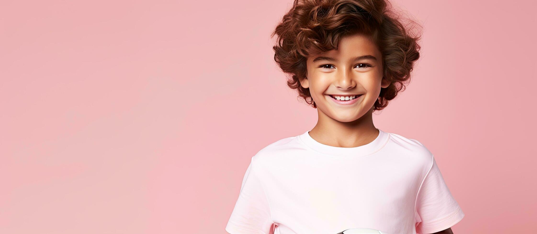 Arabic boy holding soccer ball in pink background with space photo