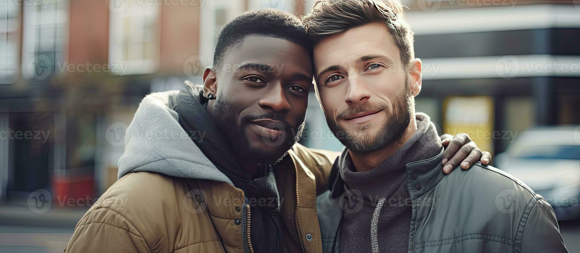 dos masculino amigos abrazando fuera de en el ciudad espacio para texto foto