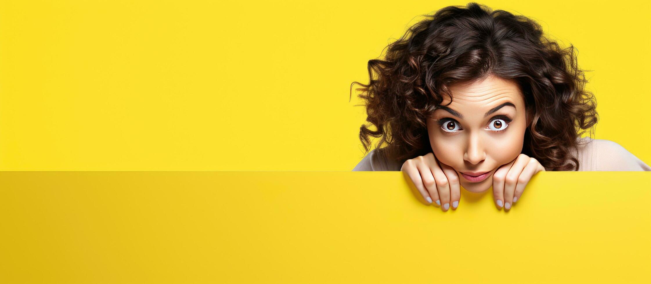 Brunette woman peeks from white board stands behind yellow background billboard for your text or design photo