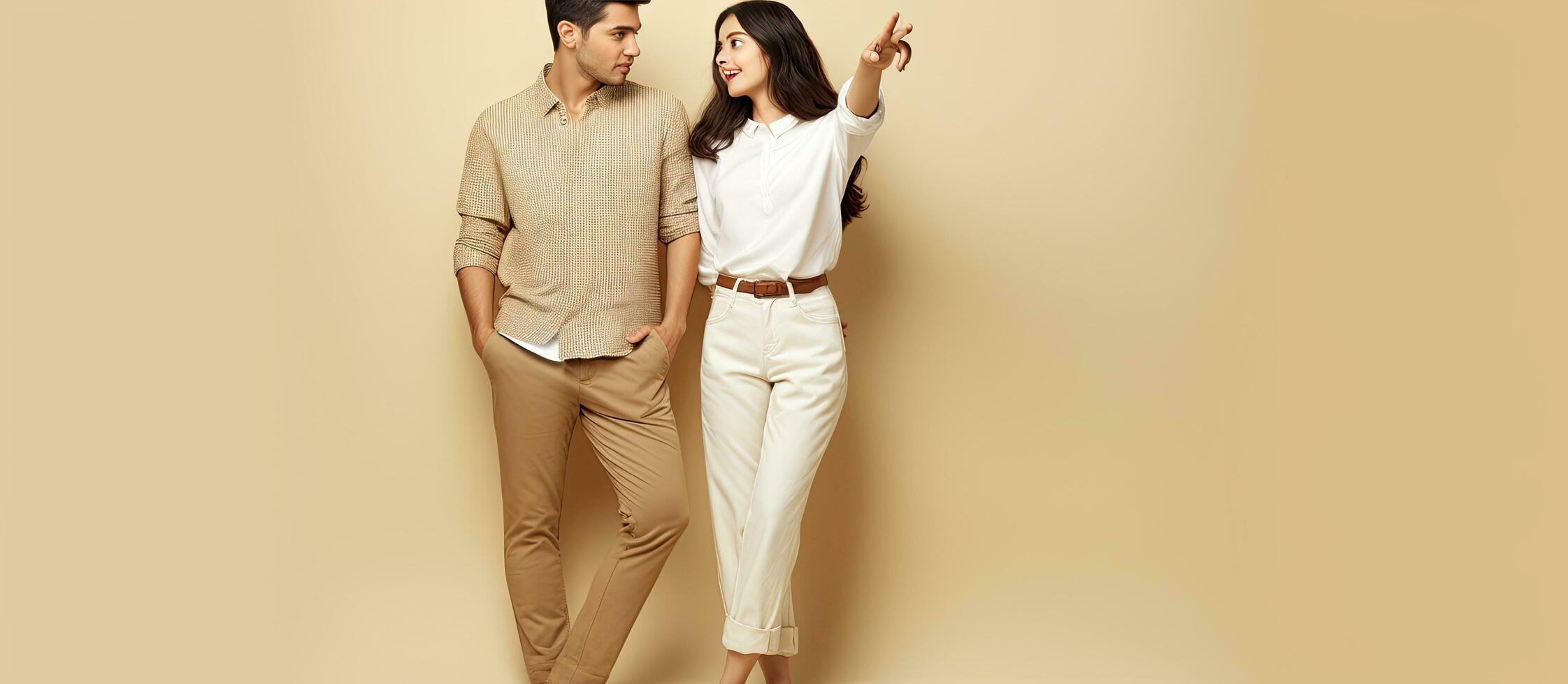 Young couple pointing on workspace area together isolated on beige background photo