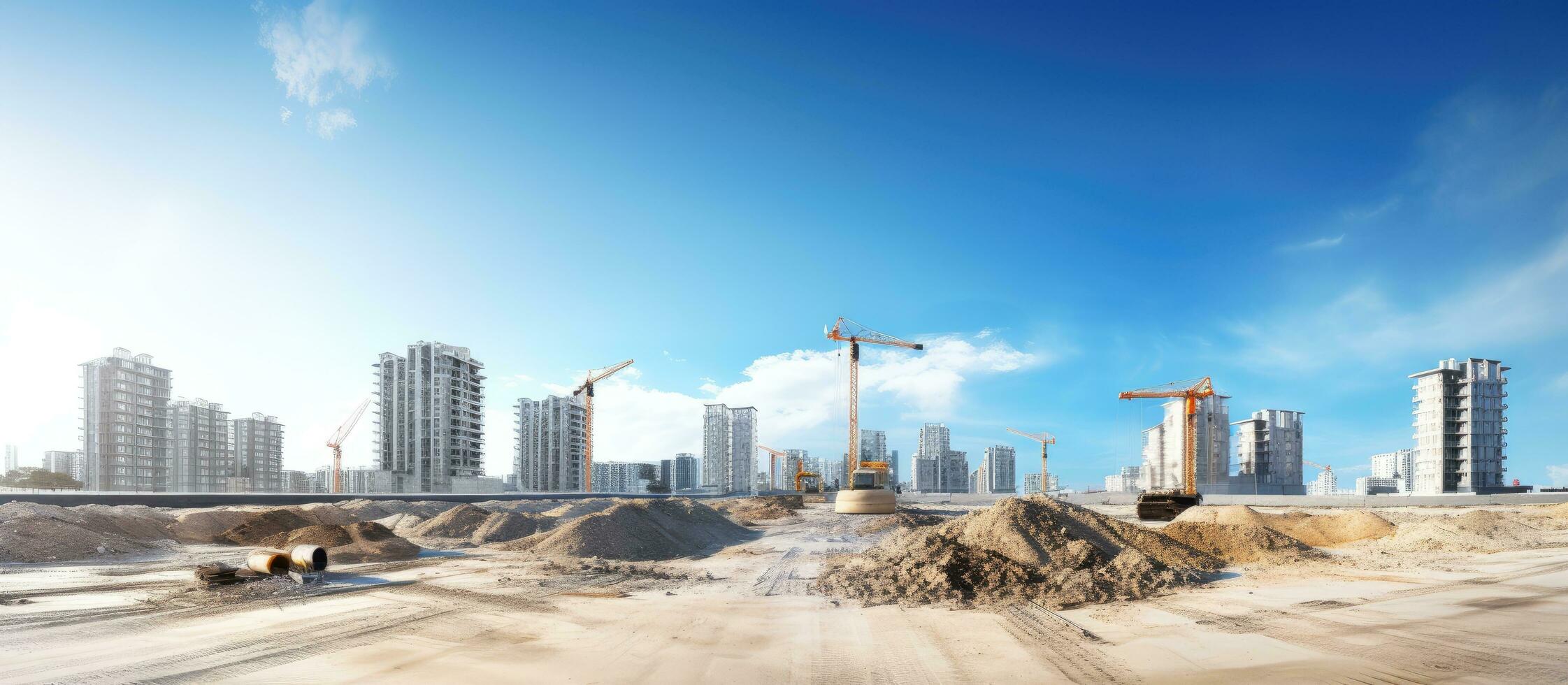 Construction site with unfinished residential buildings and copy space captured using a wide angle lens under a blue sky photo