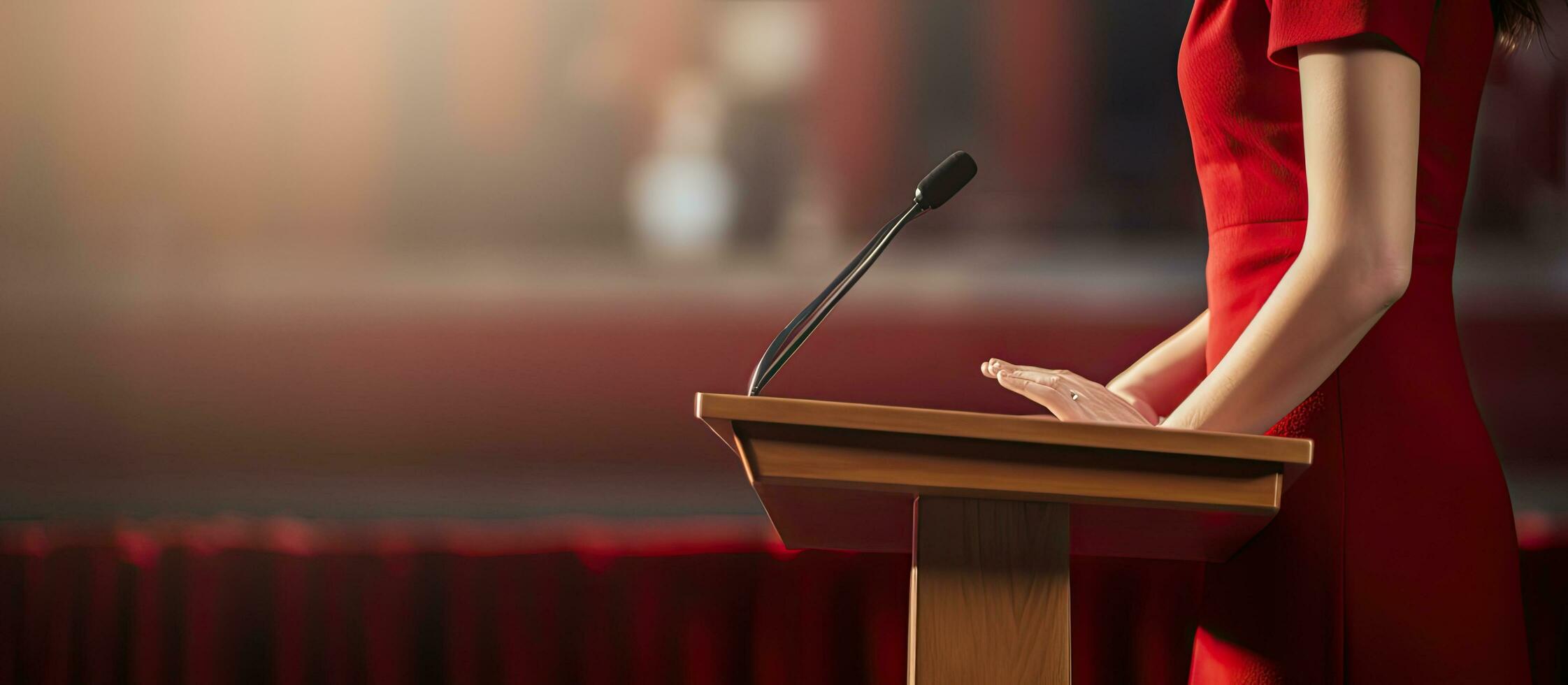 Young woman taking oath on stage with red curtain backdrop empty space photo