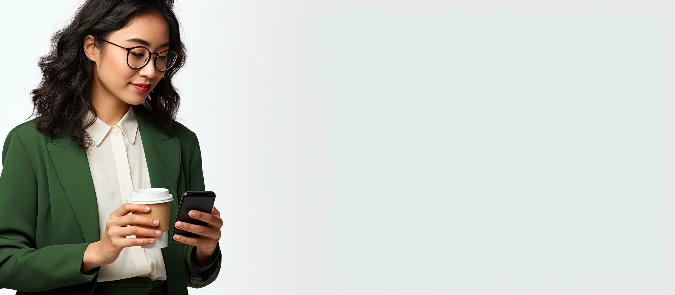 Asian woman using smartphone app while holding coffee and wearing glasses isolated on white background photo