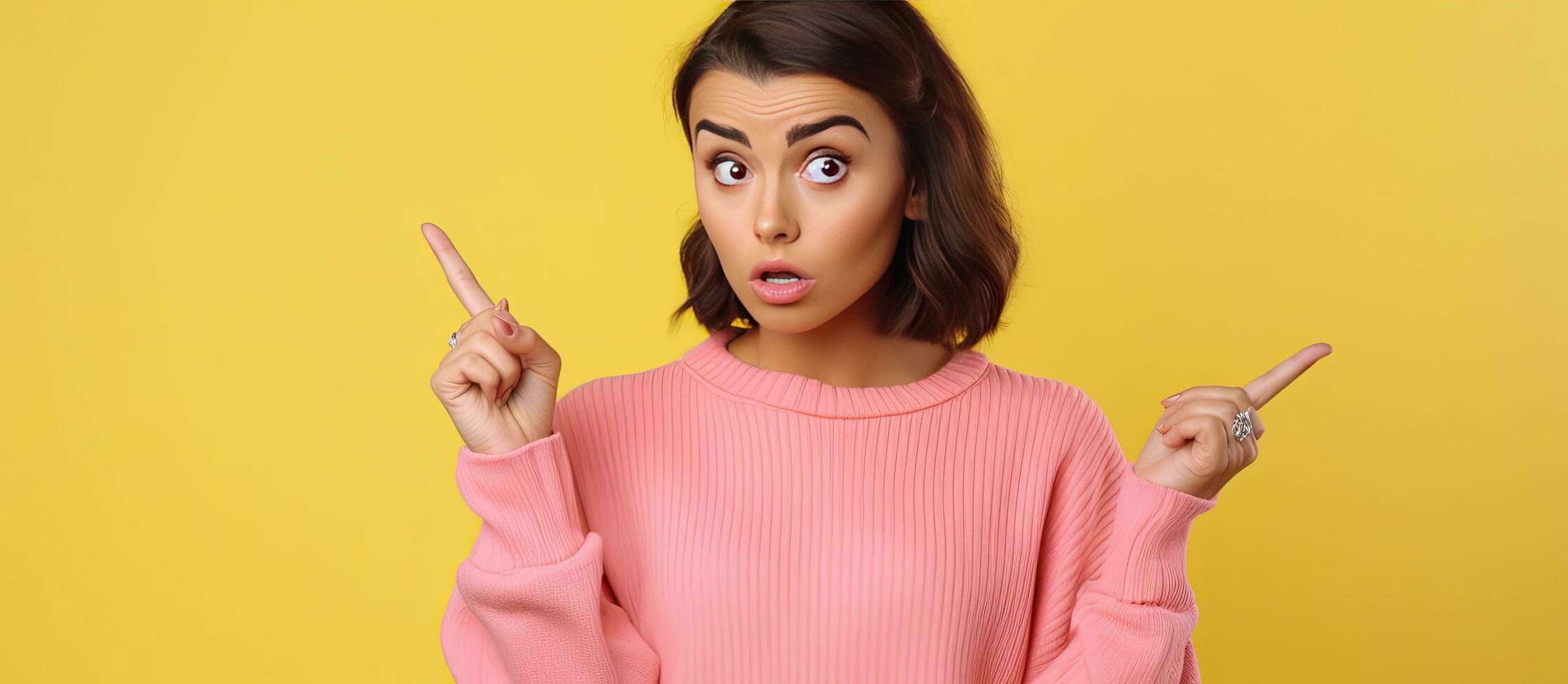 Young brunette woman in yellow sweater posing isolated on pink background pointing to house and keys Lifestyle concept mock up space photo