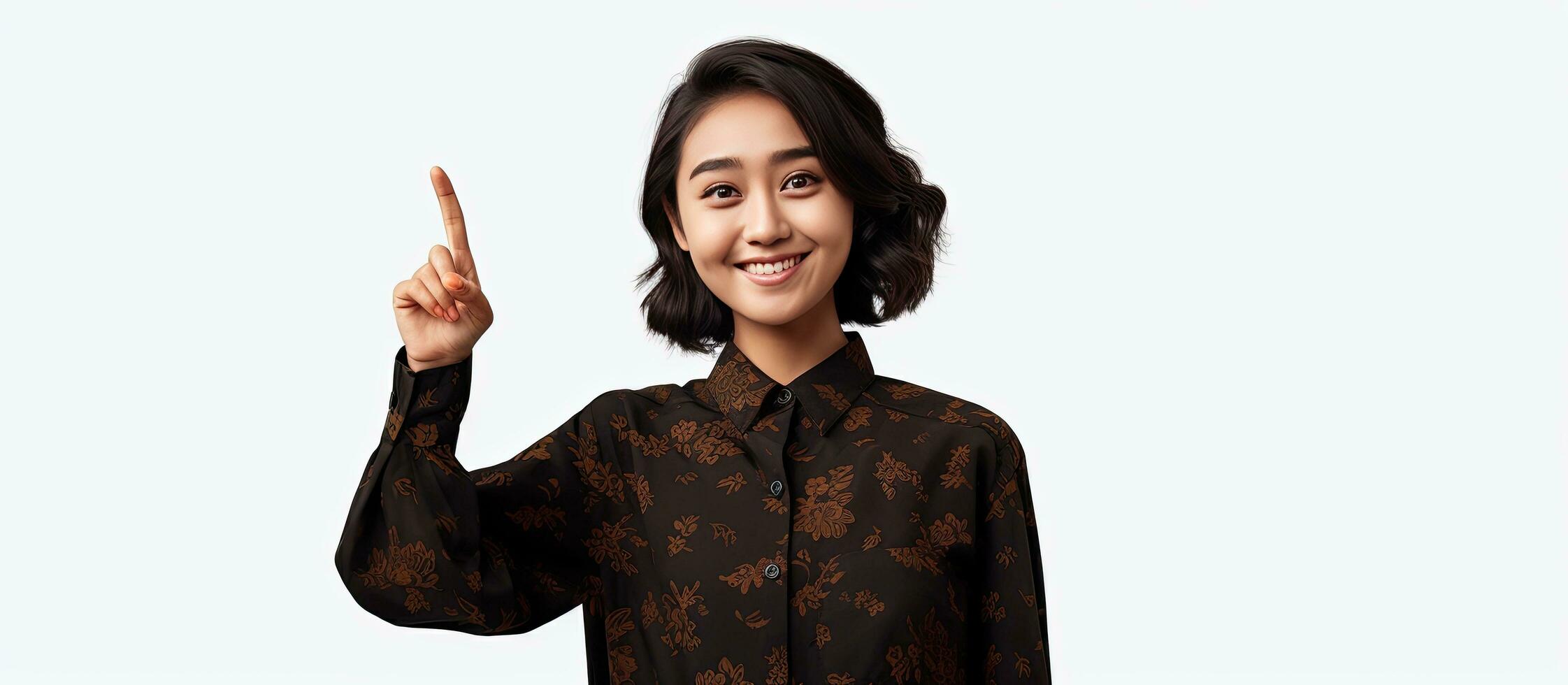 Content Indonesian or Asian woman in black batik clothing gestures upwards smiling and pleased with product on a white backdrop photo