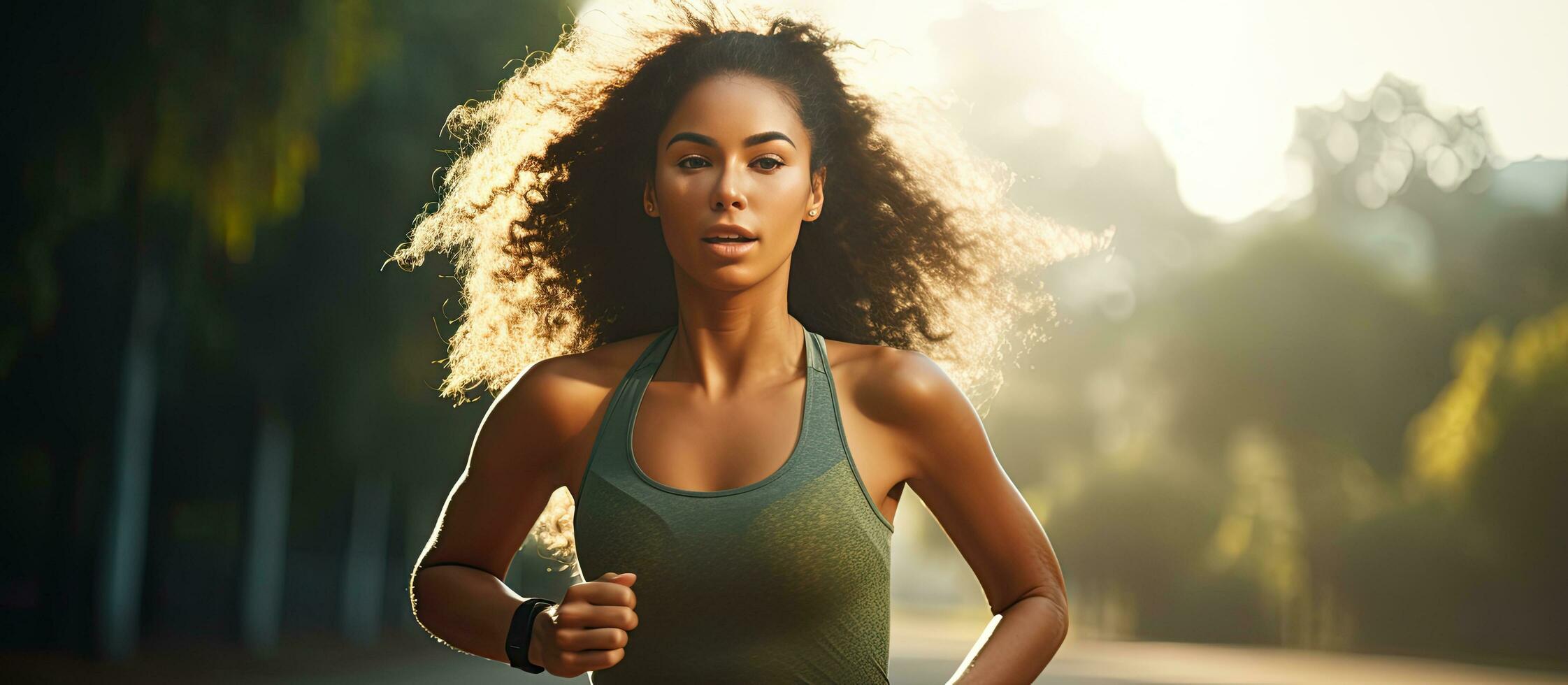 Young Latin woman running on race track training for sport competition with trees in background and copy space photo