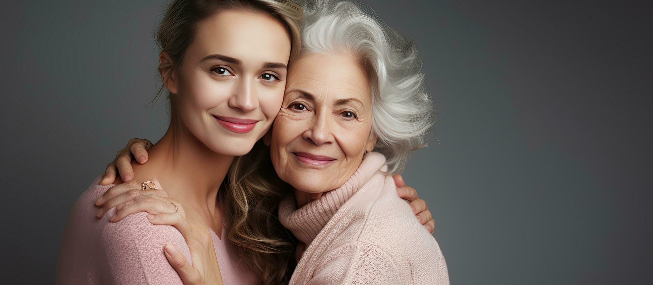 Adult daughter embraces mature woman both look directly at camera isolated on grey background photo