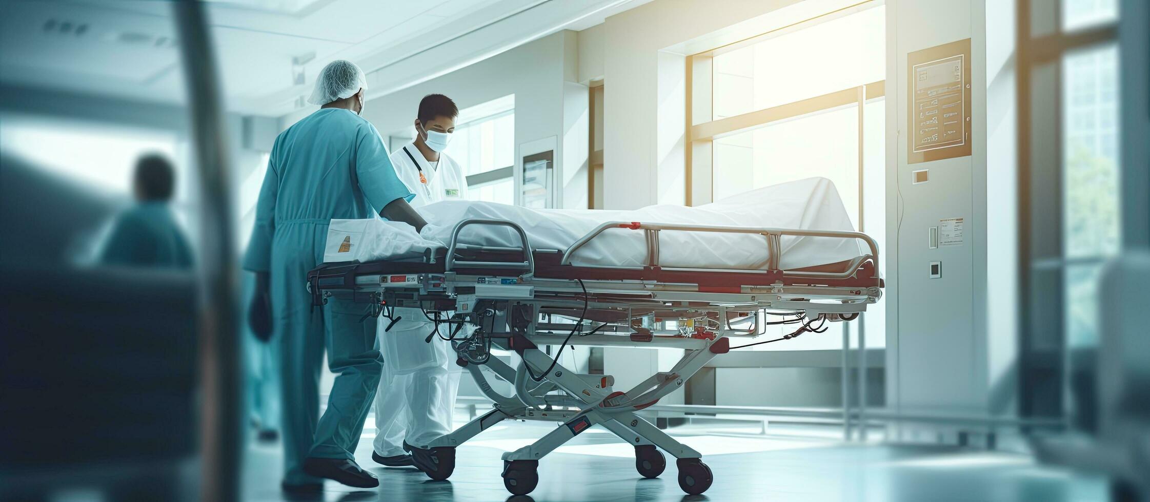 Asian medical team transporting elderly patient in hospital for emergency care Health care service banner photo